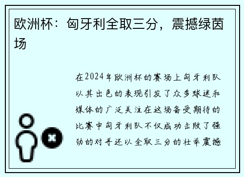 欧洲杯：匈牙利全取三分，震撼绿茵场